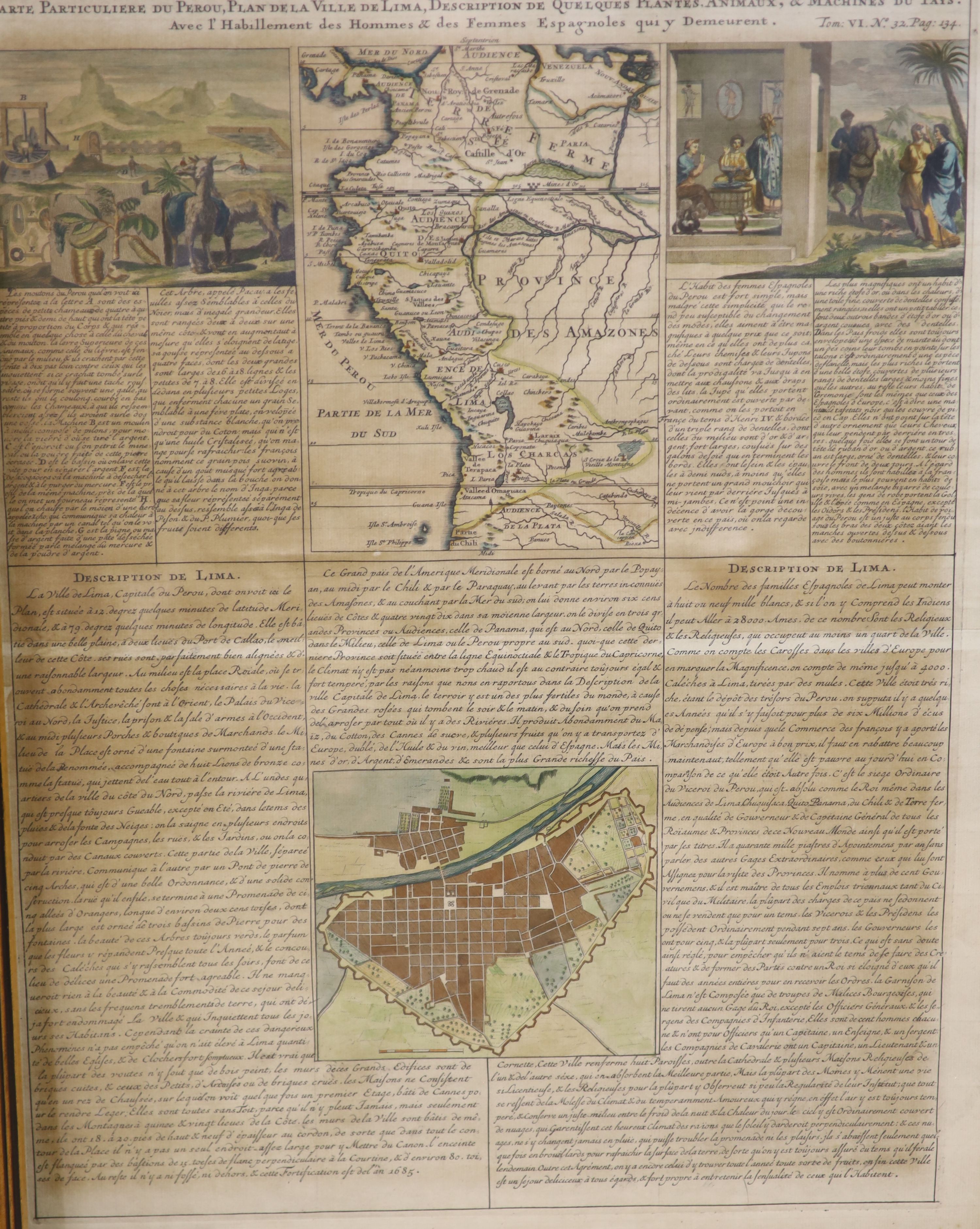 18th century French School, coloured engraving, Map and description of Peru, 53 x 43cm and a later steel engraving of the Low Countries